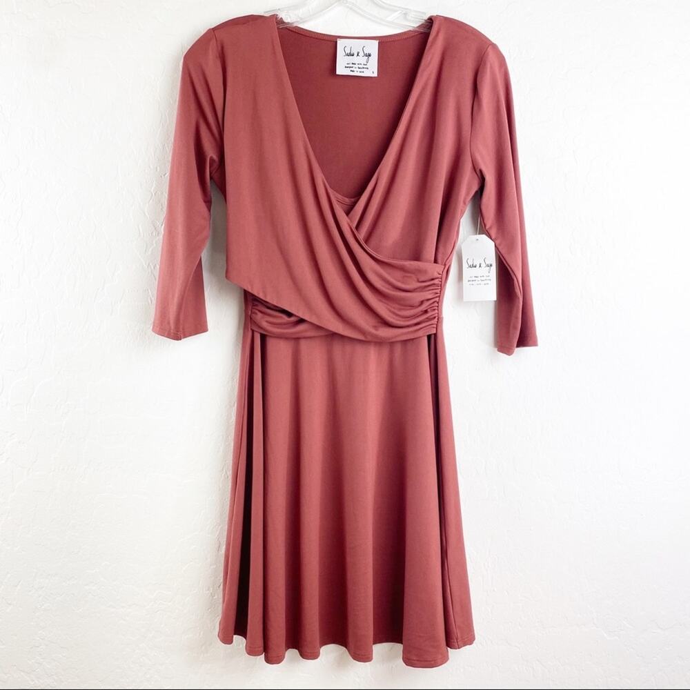Sadie & Sage Copper Rust Surplice Faux Wrap Midi Dress S New NWT Old Money Chic